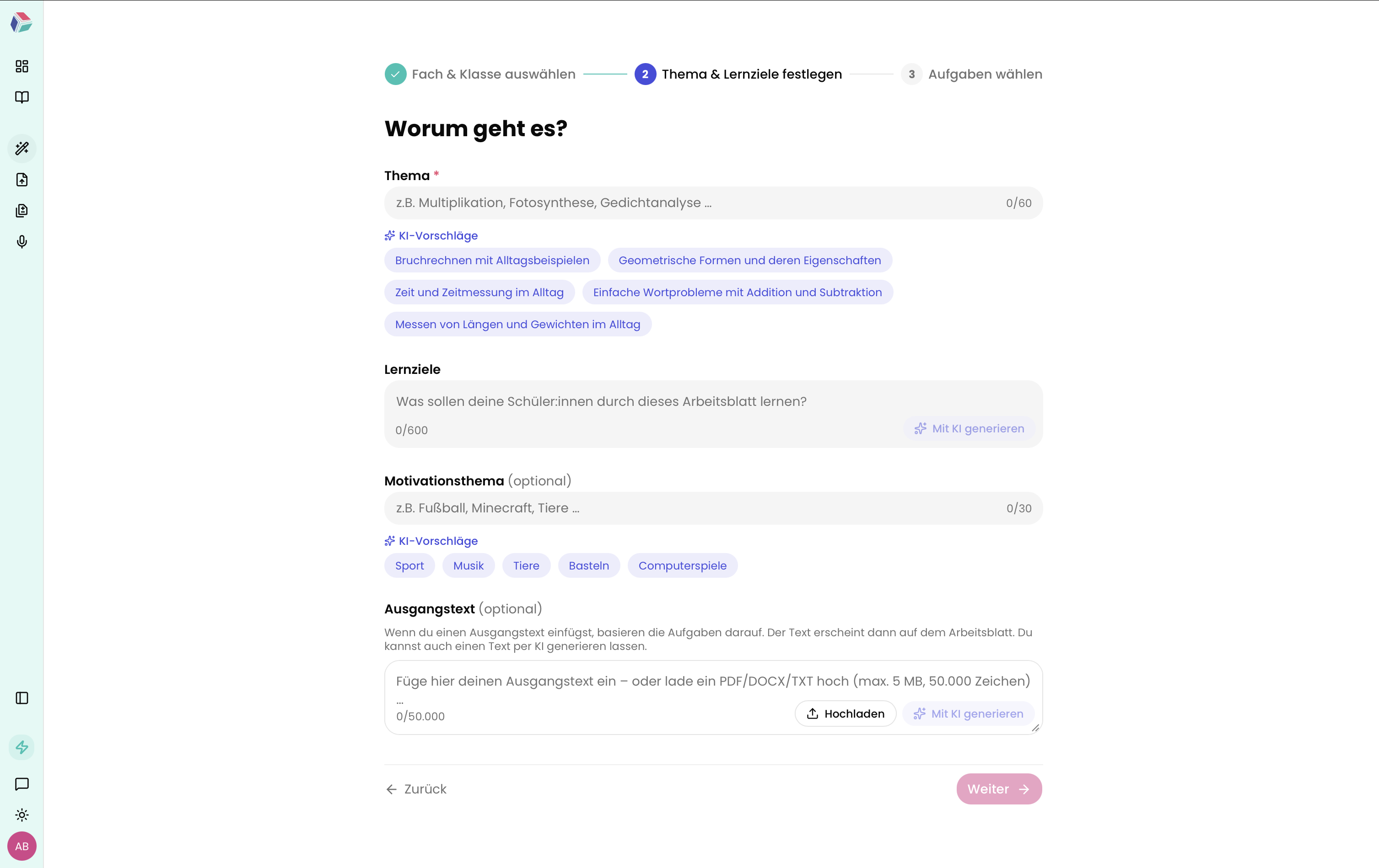 Mockup: Arbeitsblätter